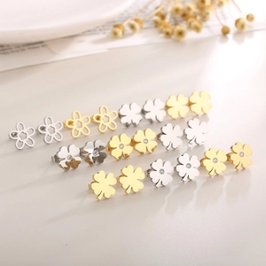 Stainless Steel Stud Earrings Gold Plated Clover Hollow Flower Zircon Minimalist Jewelry For Women