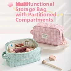 Detailed interior of quilted travel toiletry bags in pink and cyan with divider slots