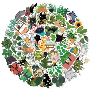 Cartoon Cat And Plant Waterproof Stickers DIY Decorative Decals For Laptop Suitcase Water Bottle Aesthetic Stationery Stickers