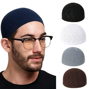 Men Kufi Skull Cap Knit Breathable Polyester Crochet Prayer Beanie Dome Hat Brimless Lightweight