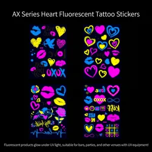 Neon heart and lip tattoos glow brightly under UV light, set of 4 waterproof stickers