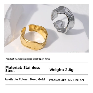 Detail specifications for stainless steel open wave rings in gold and silver finishes