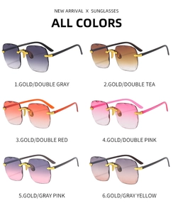 Selection of six rimless square sunglasses in gradient colors with gold metal frames