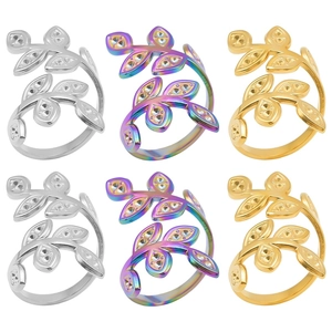 Minimalist adjustable leaf rings set in silver, gold, and gradient colors on white background