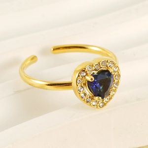 Double-layer 18K gold plated ring with blue heart zircon and adjustable open band