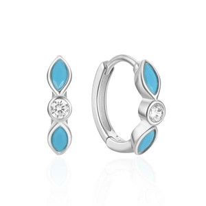 Detailed macro of silver sterling hoops with turquoise inlay and cubic zirconia