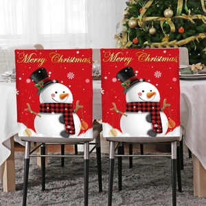 2-pack festive red Christmas chair covers featuring cute snowman and Merry Christmas text