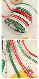 Detailed view of Christmas ribbons with festive tree and bell patterns on ribbed fabric