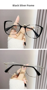 Macro detail of black and silver cat-eye metal glasses frame with non-slip temple tips