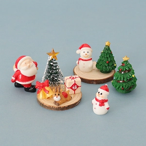 9-piece miniature Christmas resin set with Santa, reindeer, and trees on wood base
