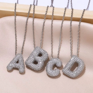 Initial Alphabet Pendant Necklace Copper Iced Out Zirconia Bubble Letter Jewelry Hip Hop For Women