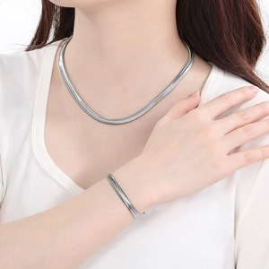 Detail of elegant silver snake bone chain set including a necklace and matching bracelet