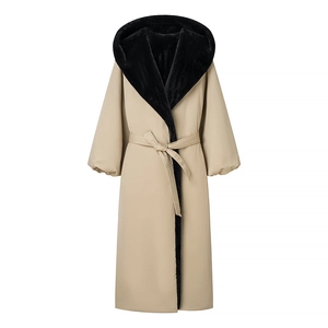 Women Elegant Long Hooded Coat Faux Fur Lining Waist Tie Warm Parka Winter Fall Outerwear