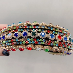 Baroque colorful rhinestone headband with gold metal base for elegant vintage hair styling