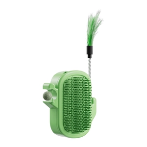 Green cactus cat self groomer with catnip ball and feather wand toy for indoor cats