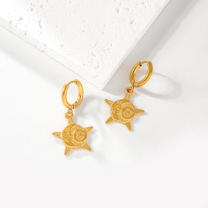 Vintage Stainless Steel Gold Plated Celestial Sun Star Huggie Hoop Earrings For Women Retro Fashion Geometric Jewelry