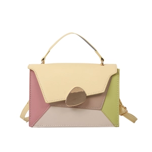 Minimalist color-block PU leather shoulder bag with geometric panels and metal lock