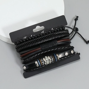 4-piece set of woven leather bracelets with black beads and silver metal studs for men