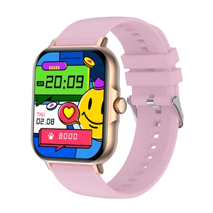 Smart watch with gold square case, pink silicone strap and colorful display interface
