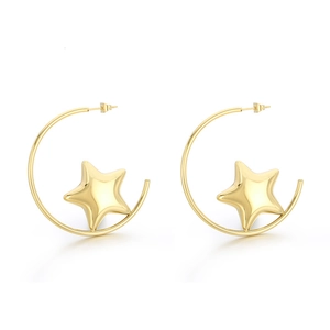 Polished 18k gold plated stainless steel C-shaped hoop earrings with 3D star charms