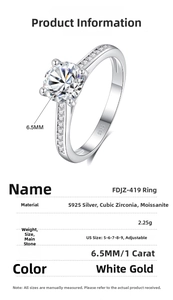 Detail view of four-prong moissanite ring with S925 sterling silver and zircon accents