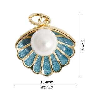 Detailed view of blue enamel gold seashell charm with white pearl and size dimensions