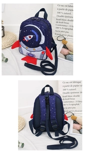 Front and back detail of a blue rocket backpack with mesh back and adjustable straps