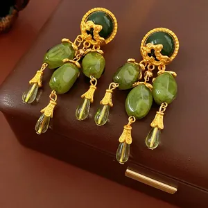 Vintage Tassel Drop Earrings With Silver Earring Post Green Resin Alloy Jewelry Retro Palace Style Statement For Women