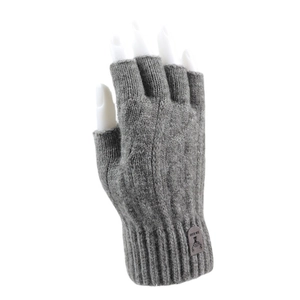 Grey knitted fingerless gloves for office work with ribbed cuffs and leather deer patch