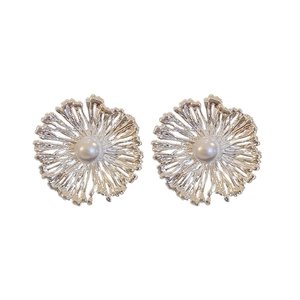 Elegant silver flower stud earrings with a white pearl center on a white background