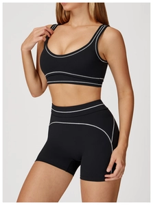 Detail view of contrast stitching on black high-stretch sports bra and shorts set