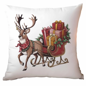 Detail of Christmas reindeer and red sleigh illustration on white square pillowcase