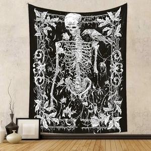 Detail of gothic skeleton tapestry with crow and roses in a minimalist room setting