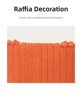 Detailed view of orange raffia woven texture with matching fringe tassels for women handbag
