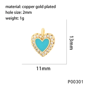 Detailed size specifications for 18K gold plated heart pendant with blue enamel