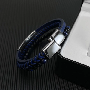 Men's multilayered blue and black woven leather bracelet with polished silver clasp