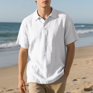 Men's white linen polo shirt with vintage buttons shown in a sunny beach vacation setting