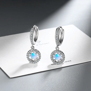 S925 silver stud earrings with blue opal center and halo of white cubic zirconia