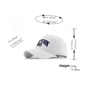 Detailed size guide for cotton baseball cap showing height, brim, and circumference dimensions