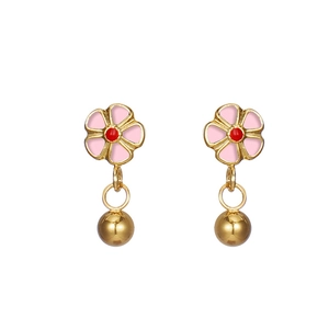 Pink enamel flower stud earrings with a dangling polished gold sphere drop