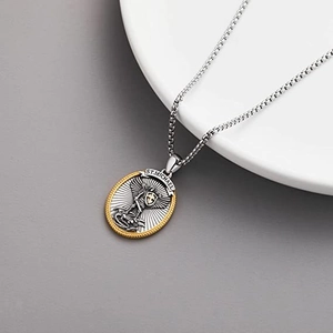 Vintage oval St. Michael guardian shield pendant necklace with silver and gold two-tone finish
