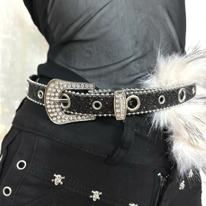 Ceinture noire à paillettes style Y2K avec boucle en strass et œillets pour femme