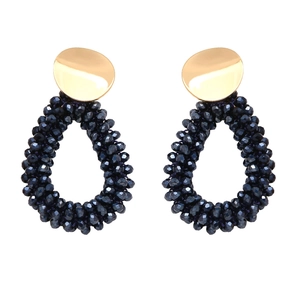 Vintage hollow teardrop earrings with gold metal stud and blue faceted crystal beads