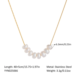 Detail showing 18K gold plated stainless steel chain length and 6.3mm freshwater pearls