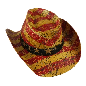 Close-up of vintage American flag straw cowboy hat with black star band and weathered finish
