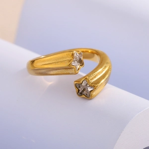 18K gold plated stainless steel open ring featuring two star-shaped zircon stones