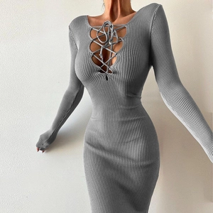 Elegant Long Sleeve Ribbed Knit Maxi Dress Sexy V Neck Lace Up Hollow Out Slim Fit Solid Color Women