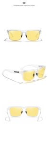 Detailed views of transparent frame night vision goggles with yellow lenses for driving