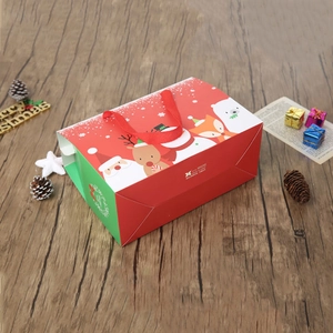 Cartoon Christmas gift boxes with Santa and reindeer patterns and red ribbon handles