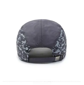 Rear view of quick-dry baseball cap with camo panels and adjustable metal buckle closure
